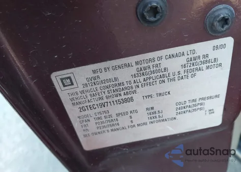 2001 GMC Sierra 1500 Sle from USA, damaged, VIN 2GTEC19V711153806